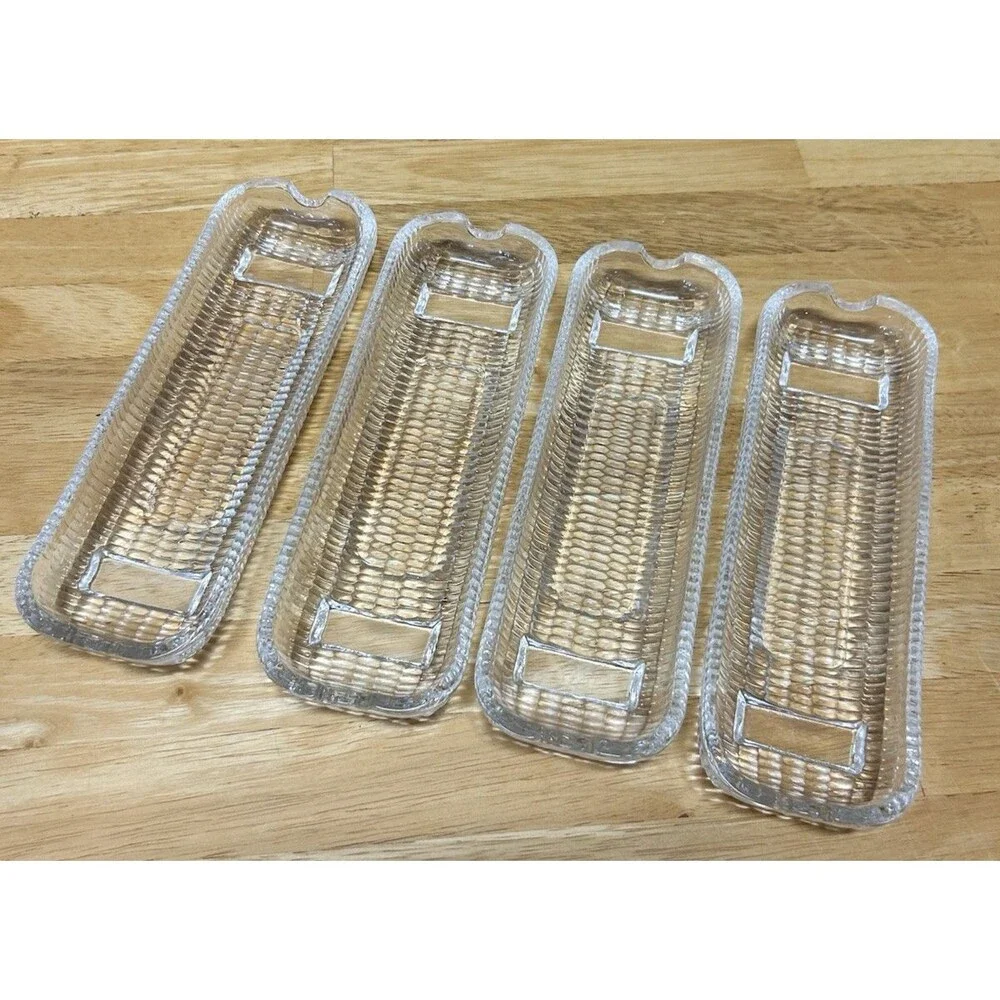 Vintage Clear Glass Corn on the Cob Dishes Set 4 Embossed Serving